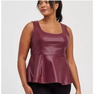 Torrid 00 M/L Wine Faux Leather Peplum Sleeveless Top Size 00 NWT